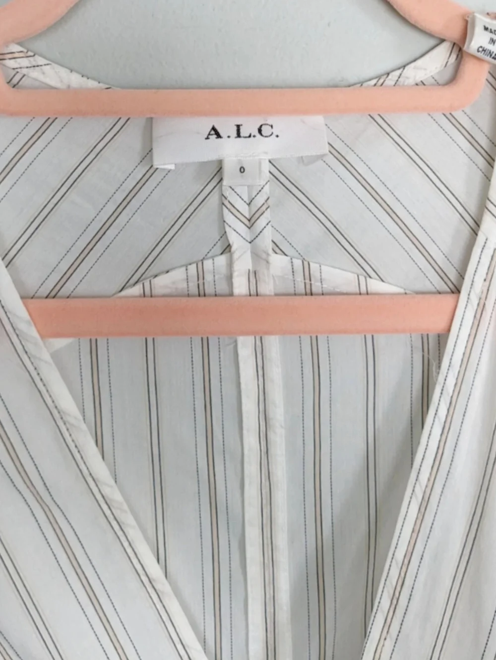 A.L.C. ENZO STRIPED PUFF SLEEVE WRAP DRESS IN WHITE/SALMON - Picture 3 of 9